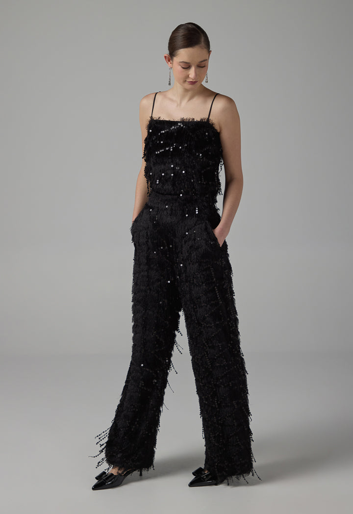 Choice Straight Legs Fringe Sequin Trousers Black