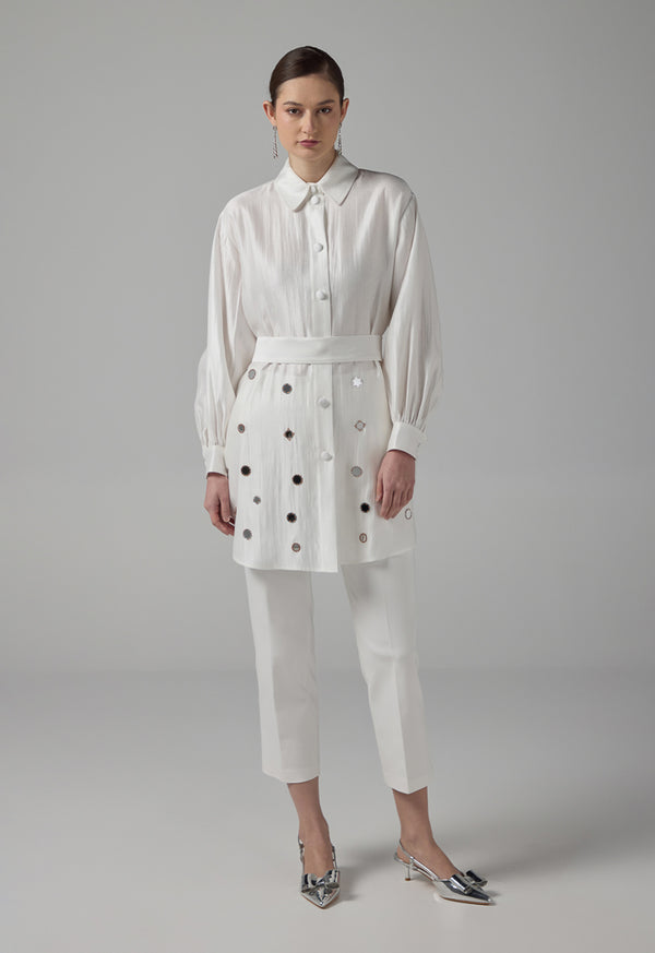 Choice Mirror Embroidered Belted Shirt Off White