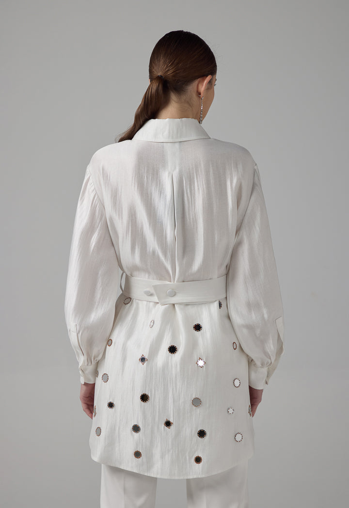 Choice Mirror Embroidered Belted Shirt Off White