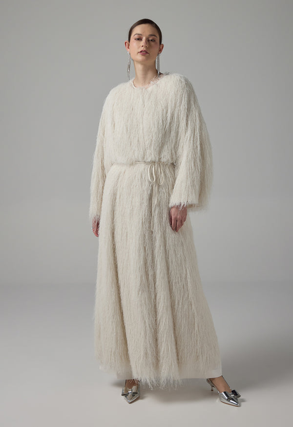 Choice Single Tone Fringe Maxi Abaya  Off White