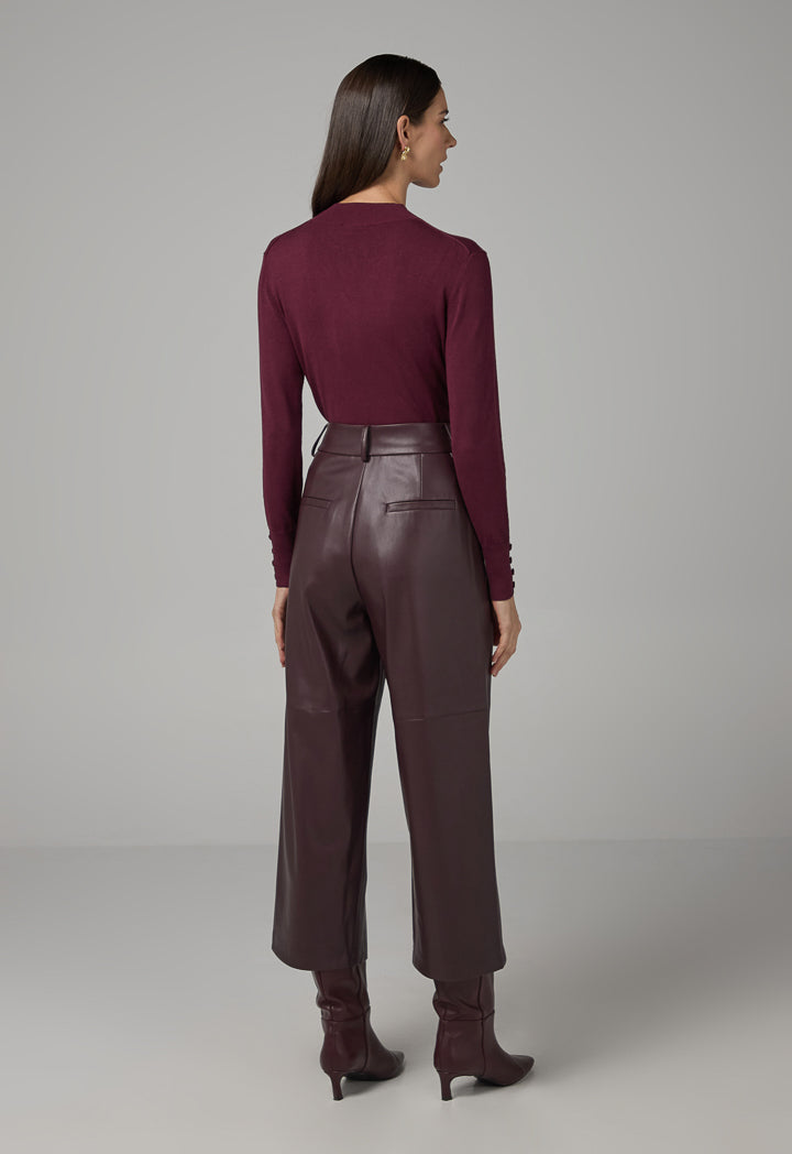 Choice Pu Leather Wide Legs Basic Trousers Burgundy