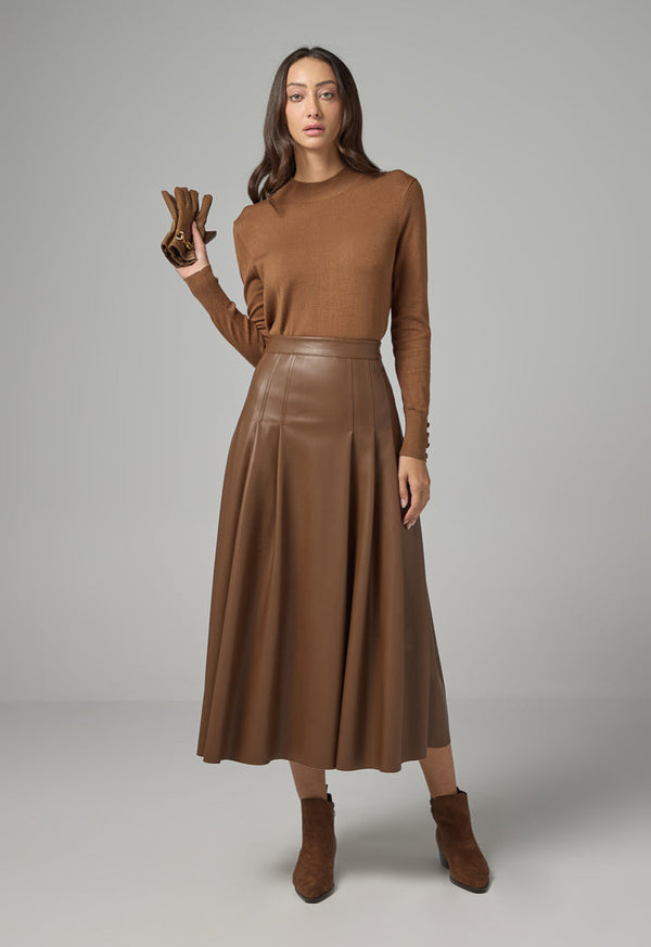 Choice Pu Leather Pleated Flared Skirt Brown