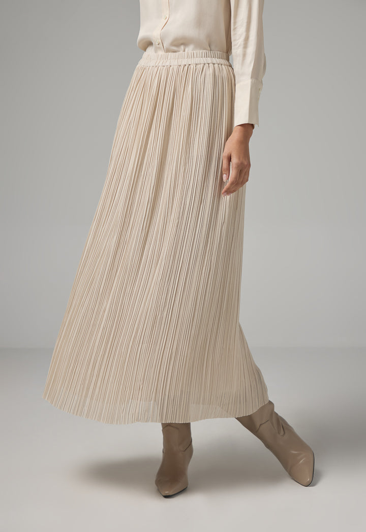 Choice Solid Elasticated Waist Pleated Skirt Beige