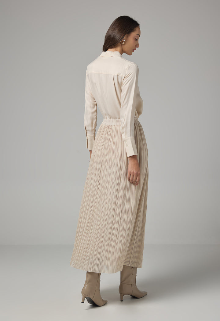 Choice Solid Elasticated Waist Pleated Skirt Beige