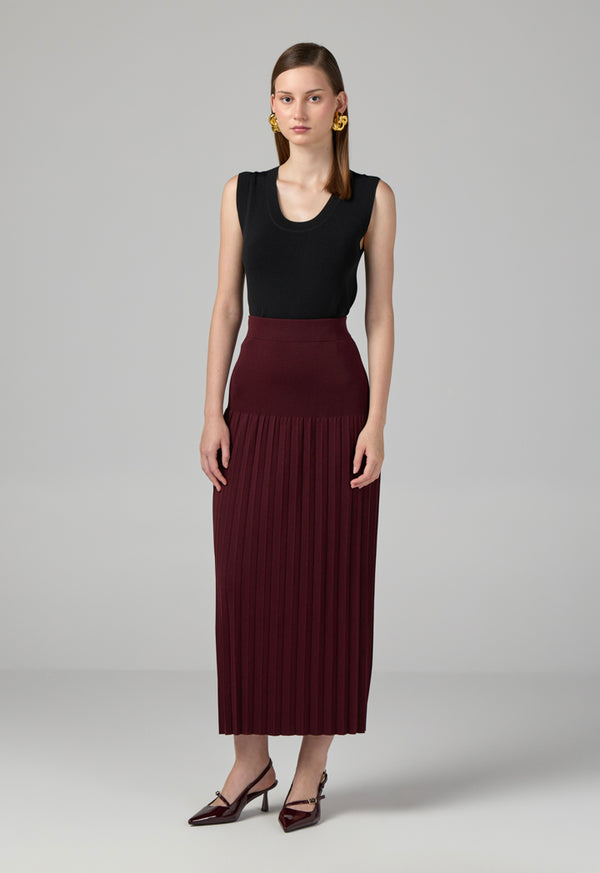 Choice Basic Pleated Knitted Maxi Skirt Burgundy