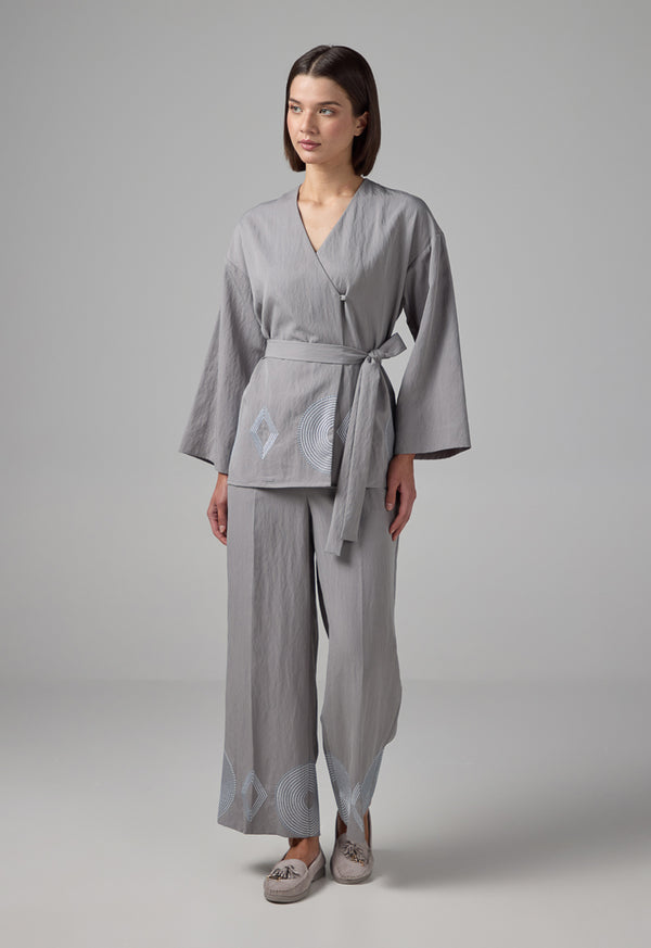 Choice Long Sleeve Embroidered Belted Kimono Grey