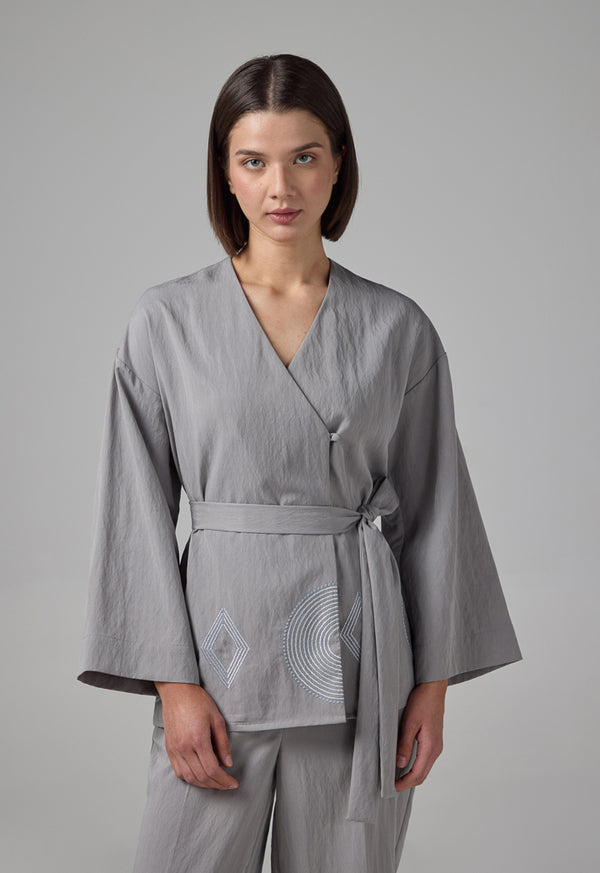 Choice Long Sleeve Embroidered Belted Kimono Grey