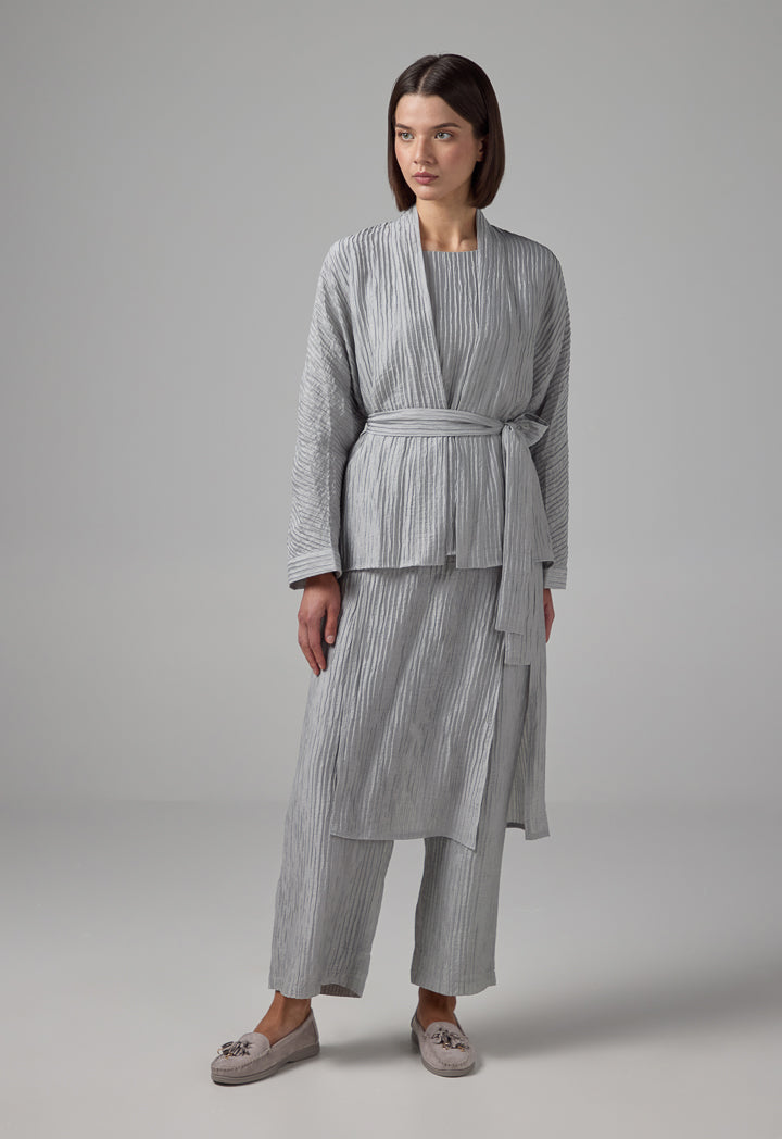 Choice Solid Textured Belted Kimono Grey