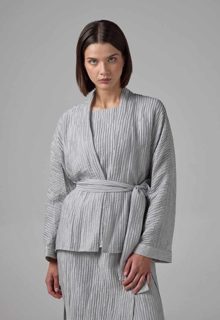 Choice Solid Textured Belted Kimono Grey