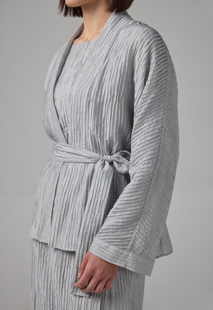 Choice Solid Textured Belted Kimono Grey