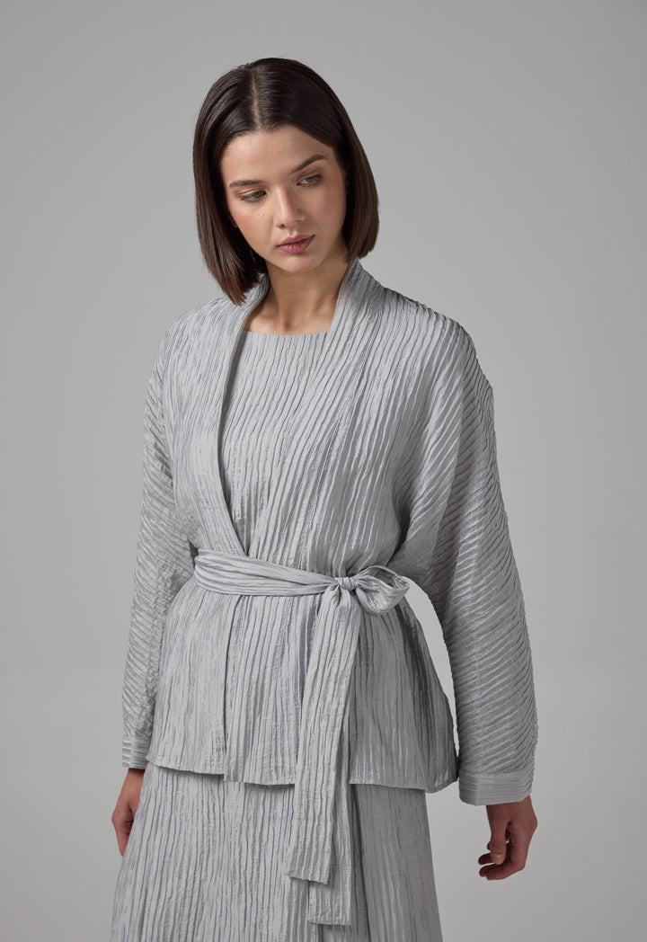 Choice Solid Textured Belted Kimono Grey
