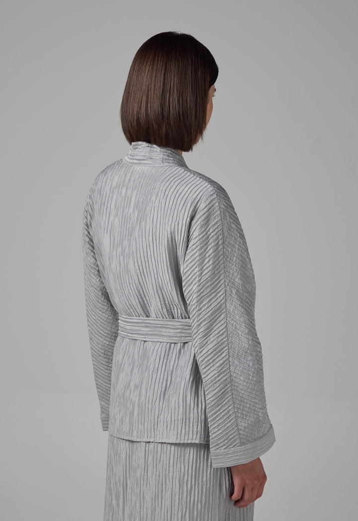 Choice Solid Textured Belted Kimono Grey