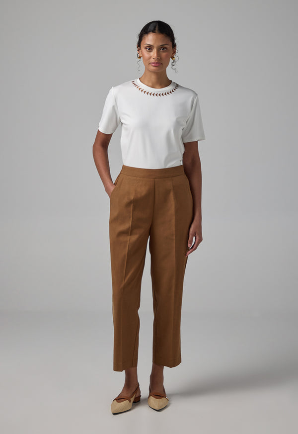 Choice Elastic Waistband Basic Trousers Brown