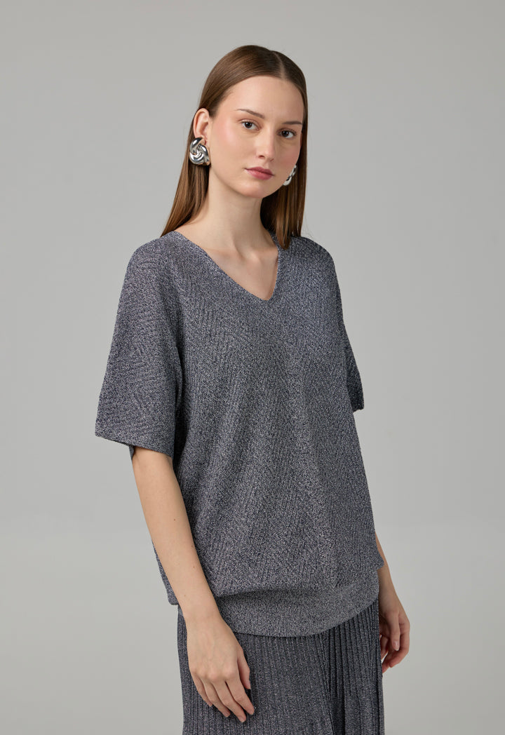 Choice Short Sleeves Knitted Lurex Blouse Silver