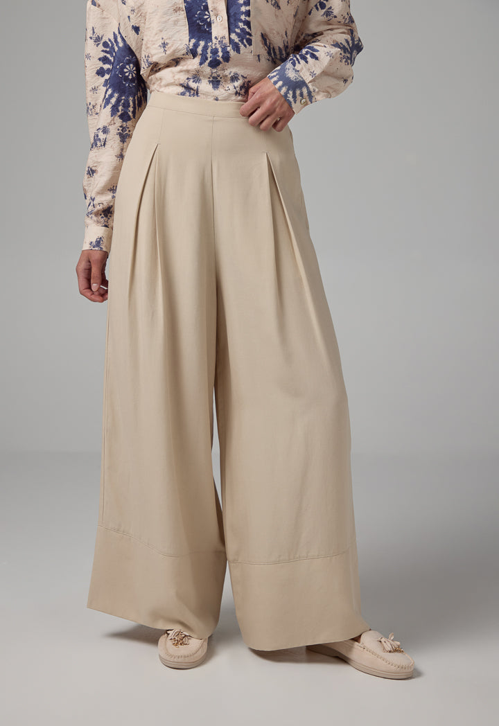 Choice Wide Leg Pleated Palazzo Trousers Beige