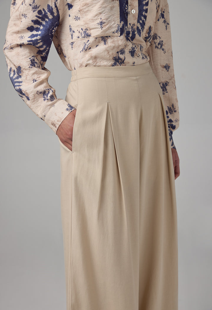 Choice Wide Leg Pleated Palazzo Trousers Beige
