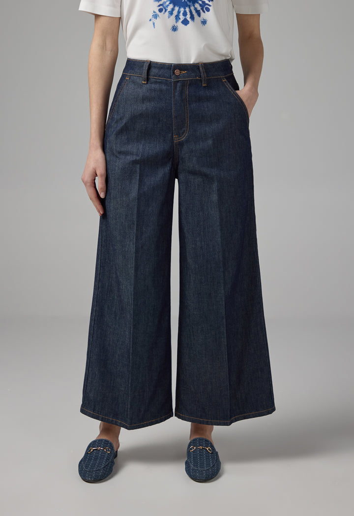 Choice Solid Wide Leg Denim Trousers Denim Blue