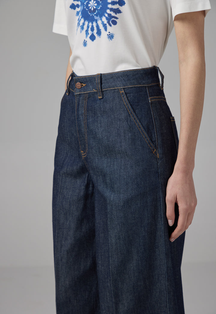 Choice Solid Wide Leg Denim Trousers Denim Blue
