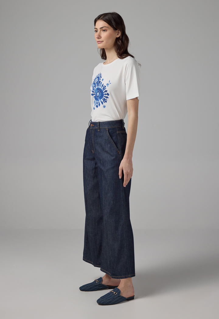Choice Solid Wide Leg Denim Trousers Denim Blue