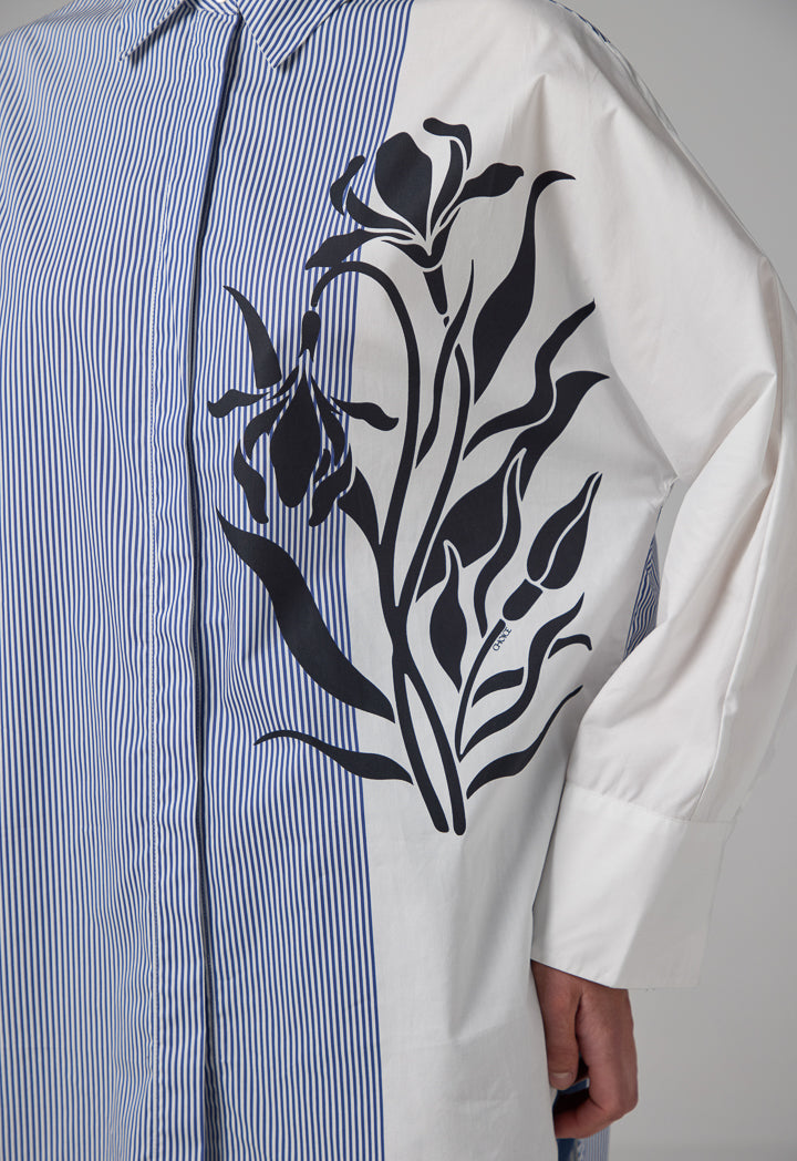 Choice Long Sleeve Floral Print Striped Shirt Blue
