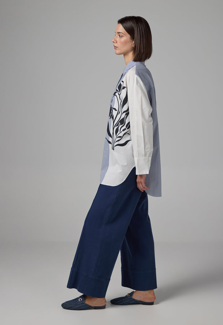 Choice Long Sleeve Floral Print Striped Shirt Blue