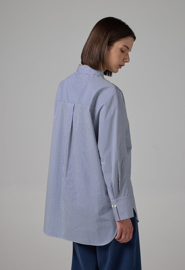 Choice Long Sleeve Floral Print Striped Shirt Blue