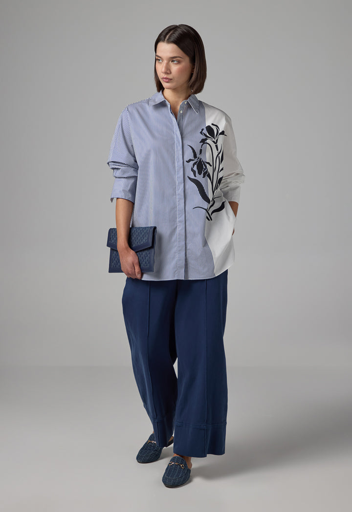 Choice Long Sleeve Floral Print Striped Shirt Blue