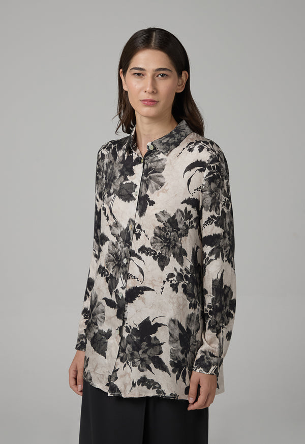 Choice Floral Printed Long Sleeve Shirt  Black-White