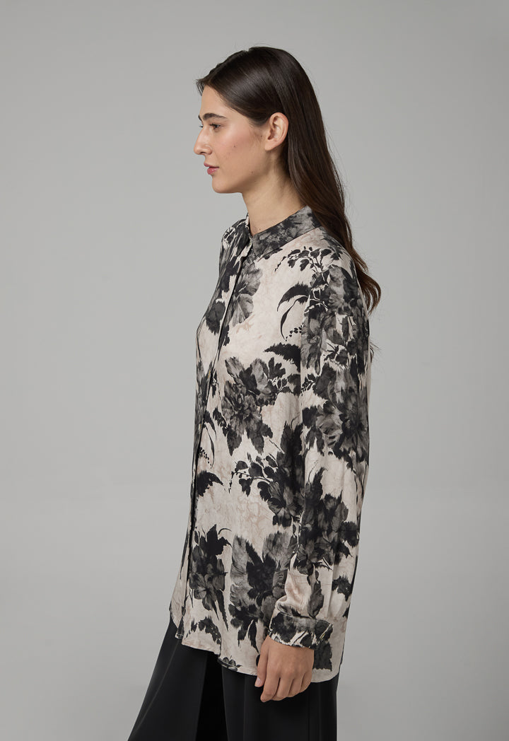 Choice Floral Printed Long Sleeve Shirt  Black-White