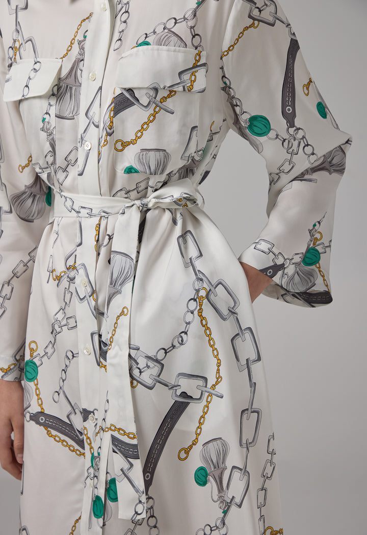 Choice Chain Printed Belted Maxi Shirt Dress Multi Color