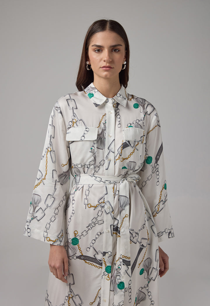 Choice Chain Printed Belted Maxi Shirt Dress Multi Color