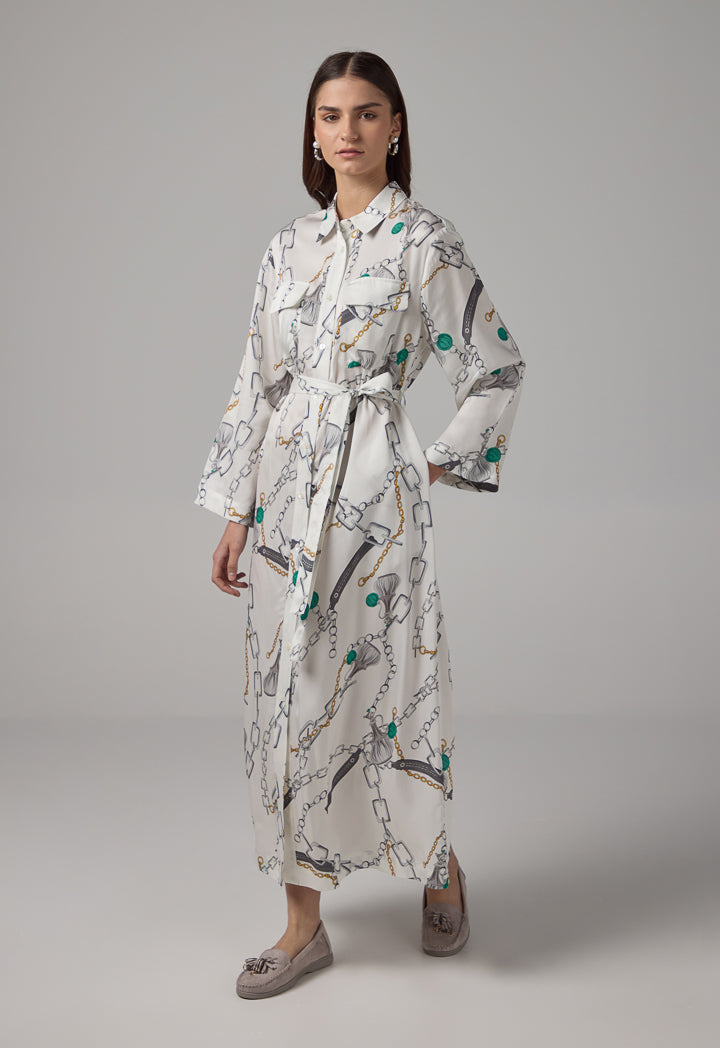 Choice Chain Printed Belted Maxi Shirt Dress Multi Color