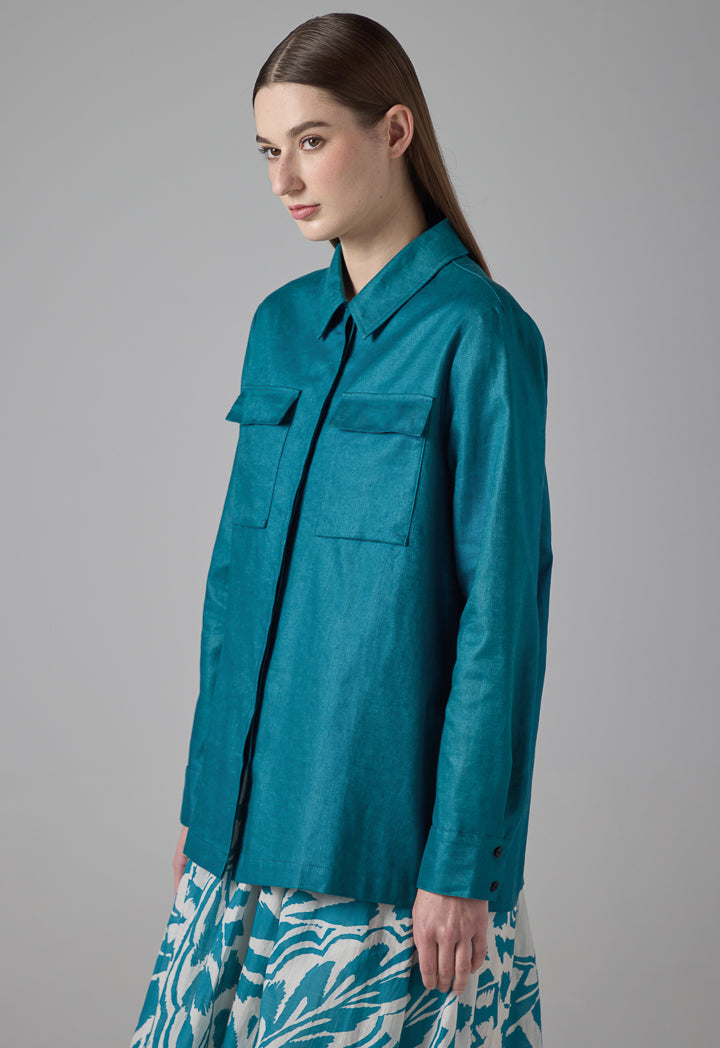 Choice Solid Front Flap Pockets Shirt Teal