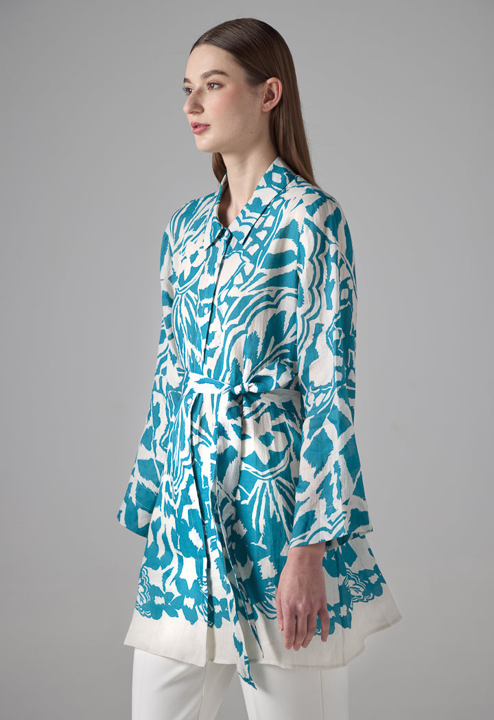 Choice Long Sleeve Printed Belted Shirt Teal