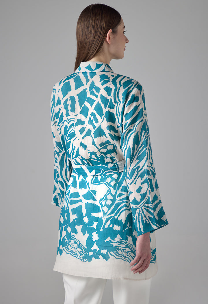 Choice Long Sleeve Printed Belted Shirt Teal