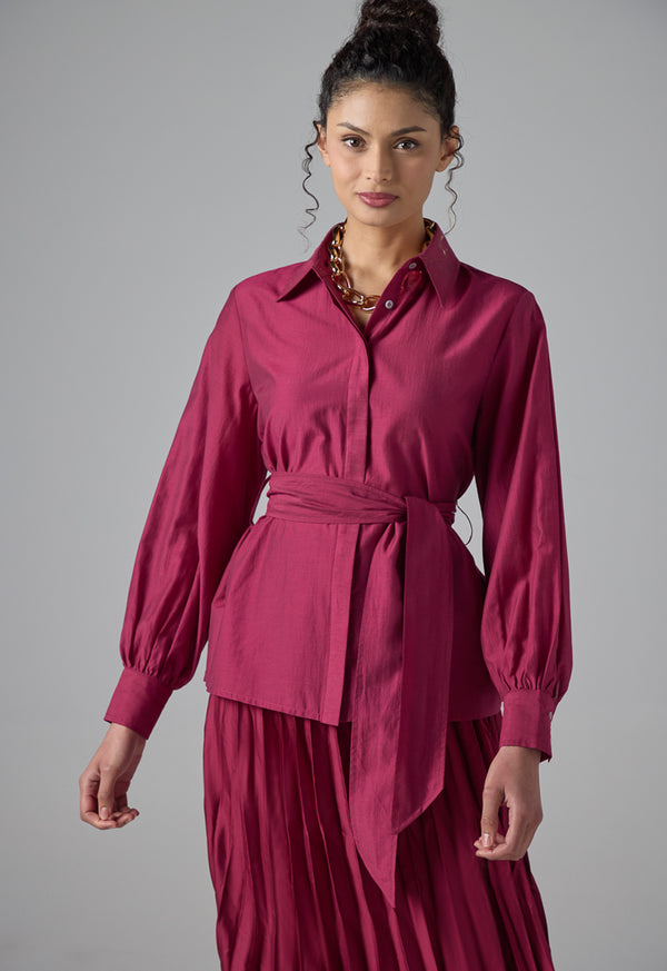 Choice Long Sleeve Basic Belted Shirt  Burgundy