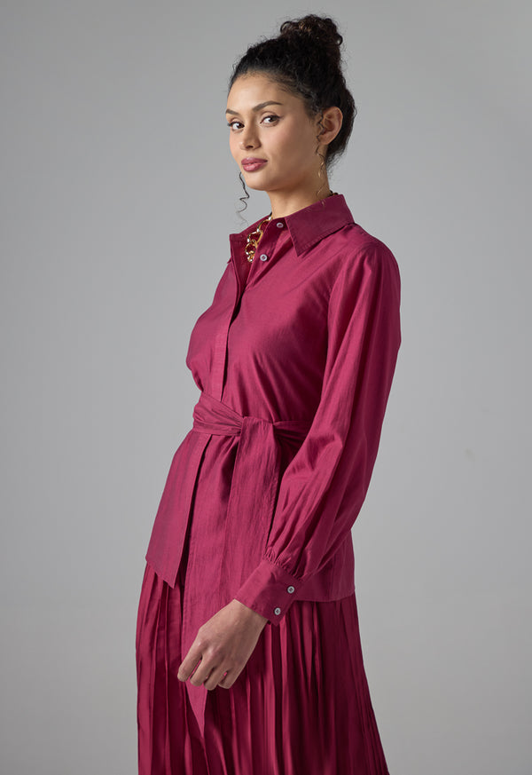 Choice Long Sleeve Basic Belted Shirt  Burgundy