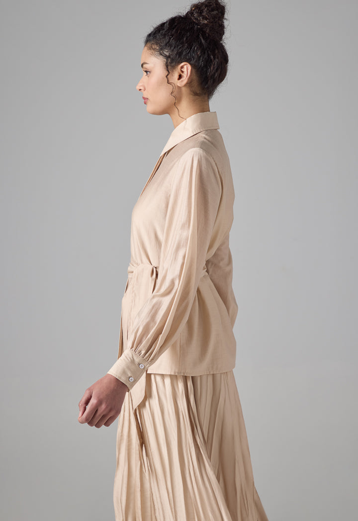 Choice Long Sleeve Basic Belted Shirt Beige