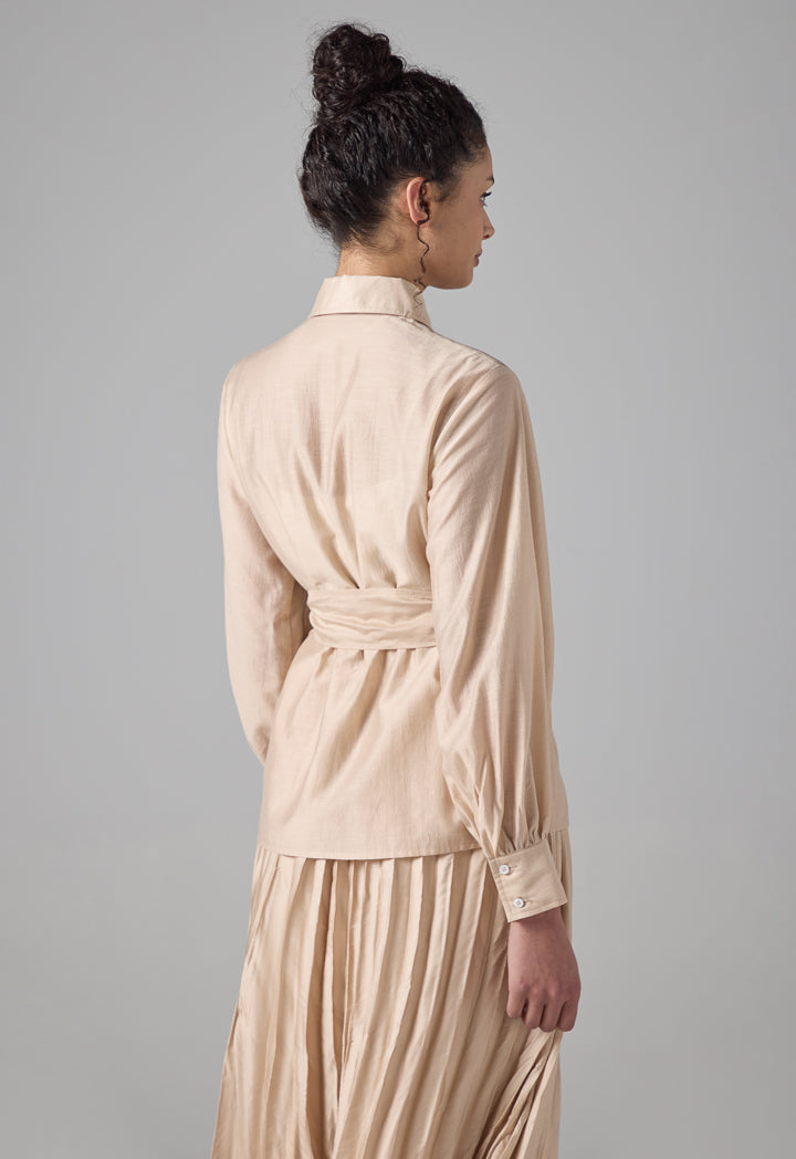 Choice Long Sleeve Basic Belted Shirt Beige