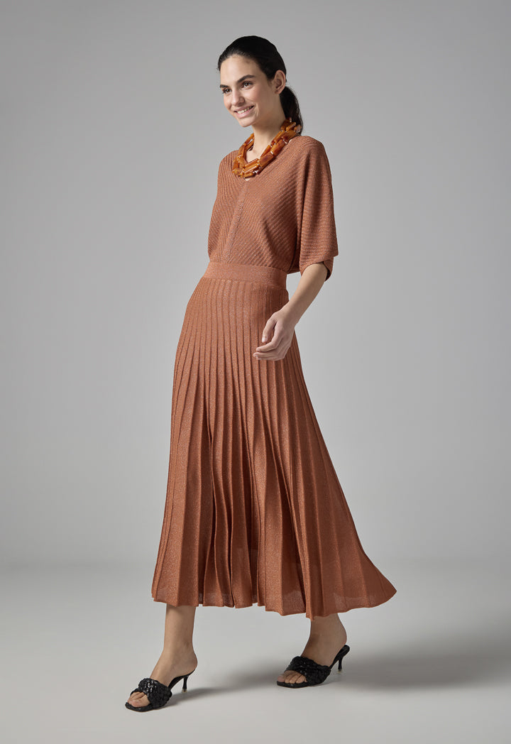 Choice Pleated Lurex Maxi Skirt Brick