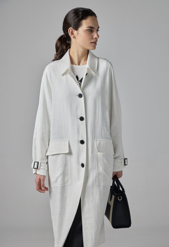 Choice Single Tone Long Sleeve Textured Coat Off White