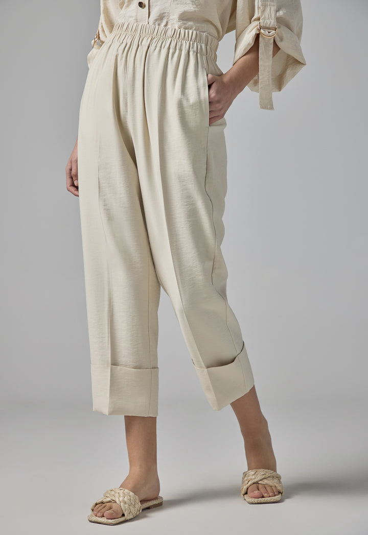 Choice Folded Hem Solid Trouser Beige