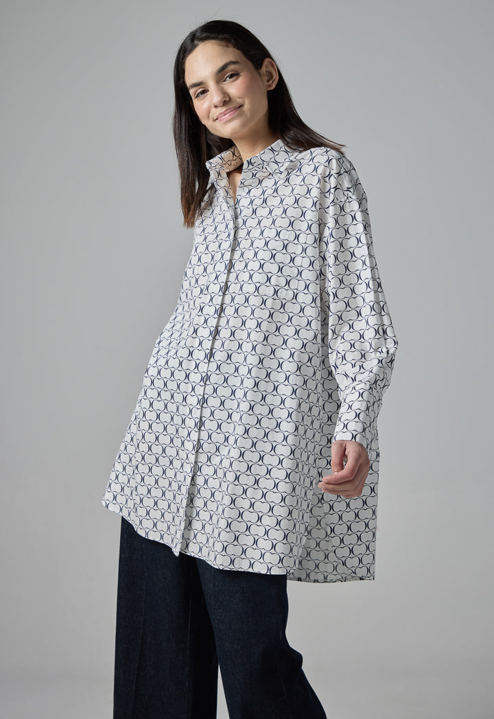 Choice Monogram Print Flared Long Shirt Navy-White