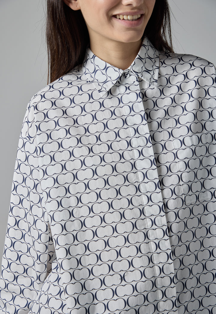 Choice Monogram Print Flared Long Shirt Navy-White