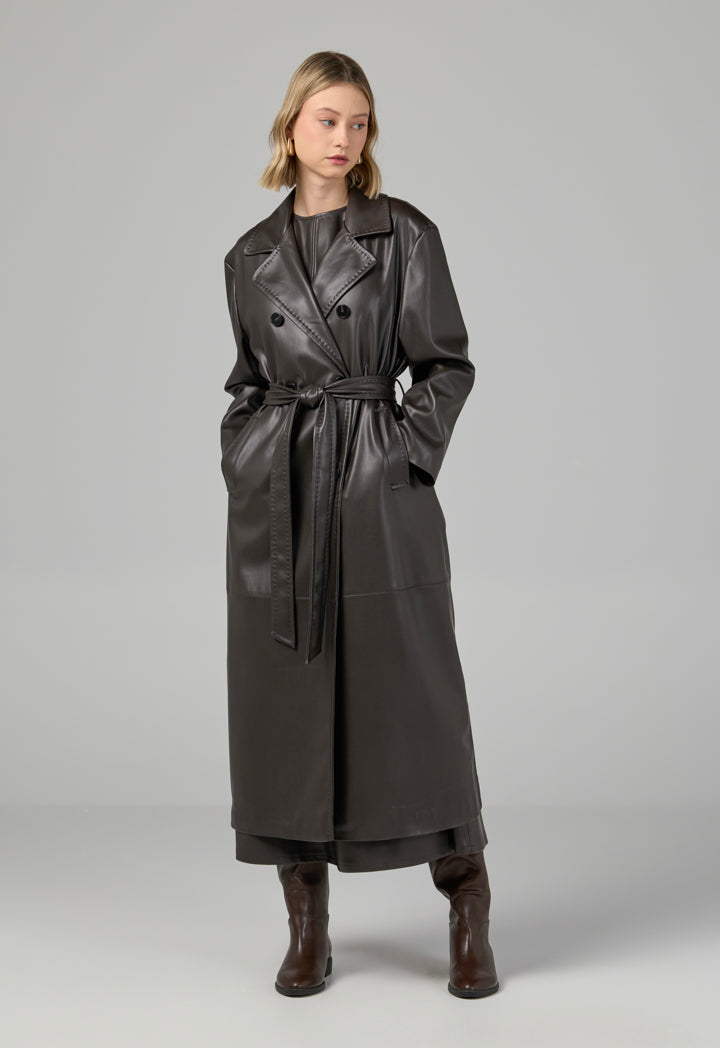 Choice Pu Leather Belted Trench Coat Brown