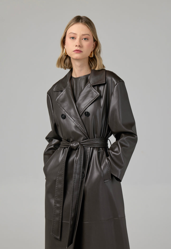 Choice Pu Leather Belted Trench Coat Brown