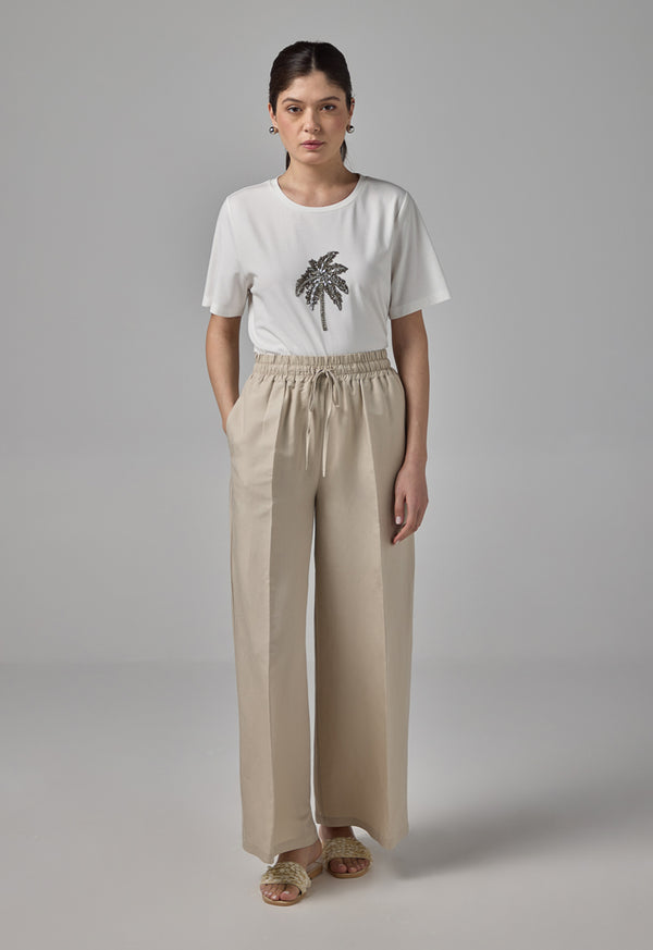 Choice Basic Elastic Waistband Linen Trousers Sand