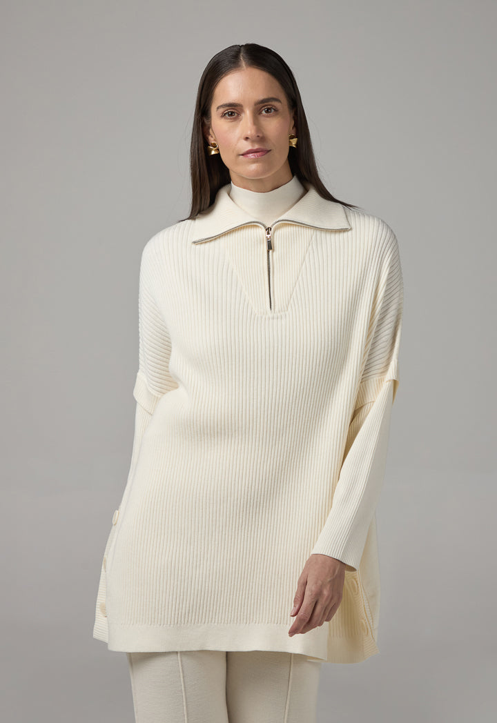 Choice Button Embellished Ribbed Sweater Cream