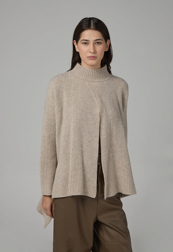 Choice Solid Knitted Ribbed Blouse  Oatmeal