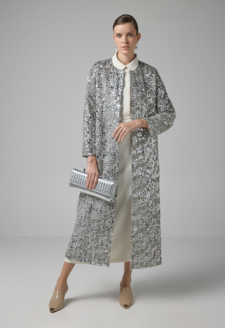 Choice Sequin Embellished Tweed Coat Grey